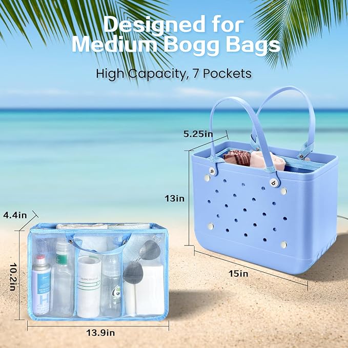 XYFuuee Beach Bag Organizer Inserts for Baby Medium Bogg Bag Accessories with 8 Removable Metal Fasteners, Lightweight Mesh Insert Divider Pouch, Organizing Rubber Tote, Save Storage Space, Blue M