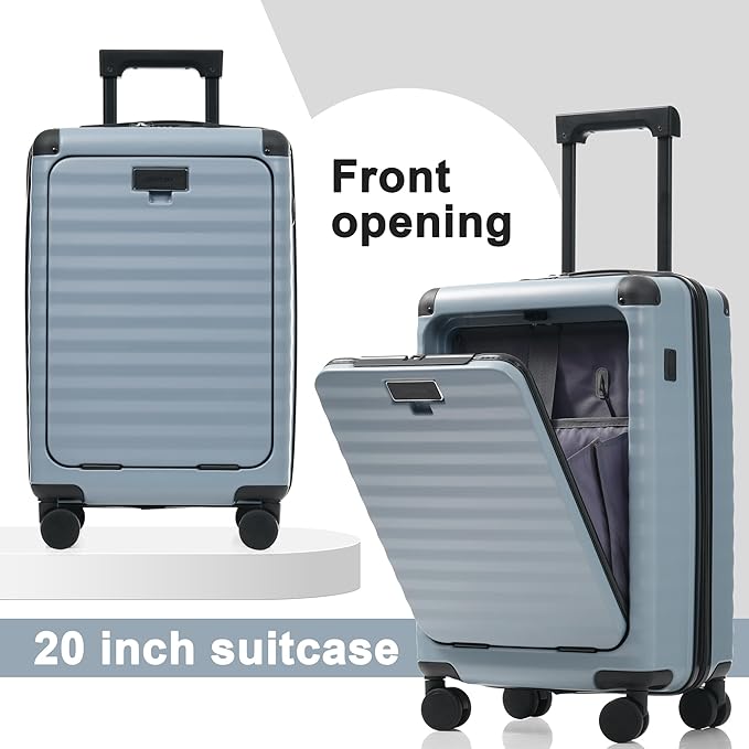 Merax Luggage Sets Front Opening, 3 Piece Hardshell Suitcase with Spinner Wheels and Bags,Lightweight Carry on Luggage with USB Port and Cup Holder,20+24+28,Sky Blue