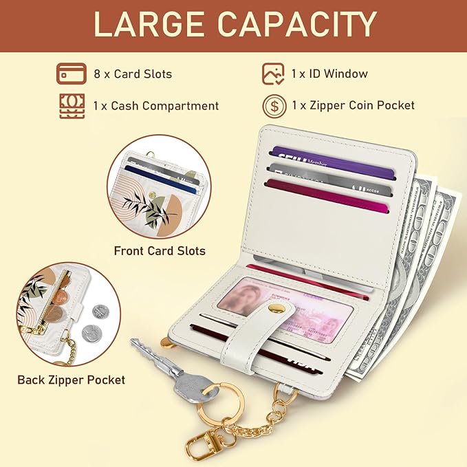 Jogjam Abstract Boho Leaves Rfid Ladies Wallet, Small Slim Thin Compact Credit Card Women Wallet, PU Leather Bifold Cash Zipper Coin Pocket ID Window for Female