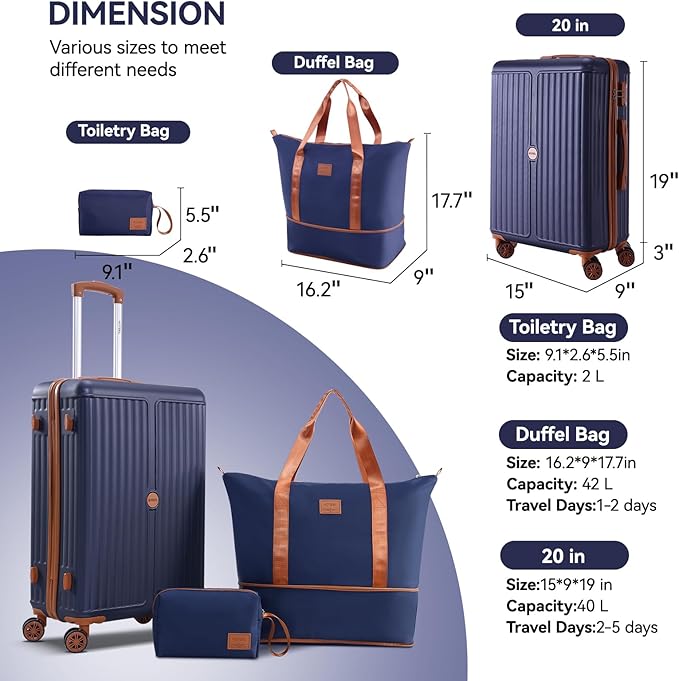 Hoteel Luggage Sets 3 Piece ABS+PC Hardside, 4-Year Warranty, Luggage Set with Spinner Wheels, TSA Lock, Lightweight Carry on Luggage, 20" Suitcase with Duffel & Organizer, Dark Blue