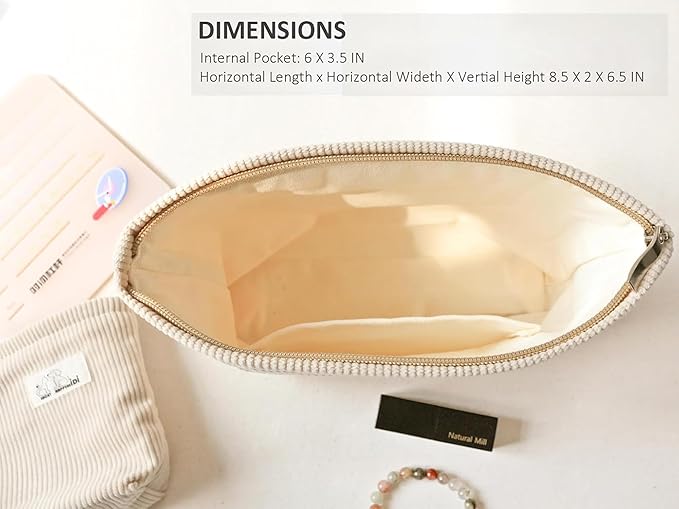 HAPPYHEIDI Large Corduroy Makeup Bag with Compartment Cosmetic Toiletry Travel Accessory Pouch Purse Organizer, Soft Misty Blue