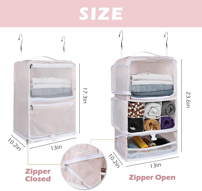 Surblue Hanging Shelves Travel Storage Bag Compression Packing Cube for Suitcase Collapsible with Extension Layer Large Capacity, Pink,XL