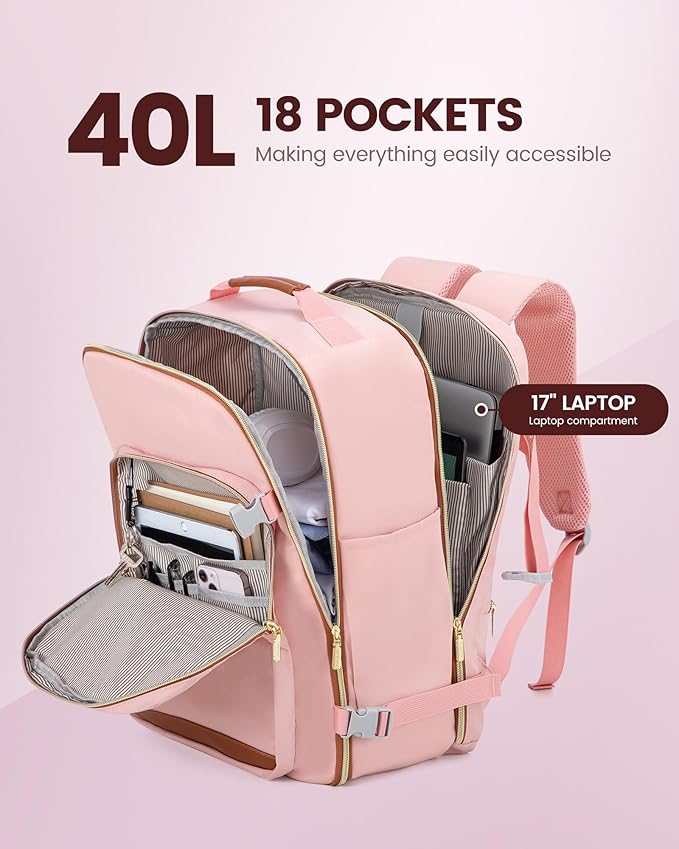 LOVEVOOK Travel Backpack for Women & Men 40L,Airline Approved Carry On Backpack Travel Essentials,TSA Carry on Luggage,Waterproof Personal Item Travel Bag,Suitcase with 3 Packing Cubes,Pink-Brown