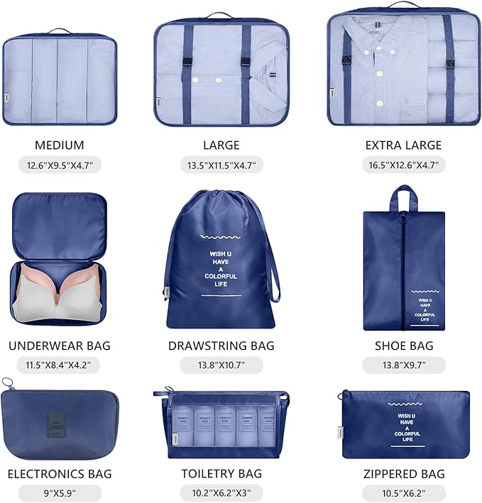 Mossio 9 Set Packing Cubes with Shoe Bag & Electronics Bag - Luggage Organizers Suitcase Travel Accessories