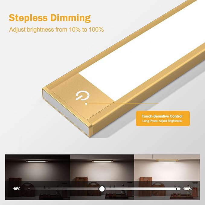 V4light Motion Sensor Cabinet Light, Rechargeable, Dimmable, 6Pcs, 9in | Gold aluminum, magnetic wireless, 1800mAh, 3 color temps & dimmable, ideal for kitchen, closet, shelf & stair