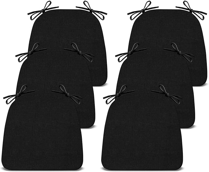Chair Cushions for Dining Chairs Set of 6, Non Slip Kitchen Chair Pads, 17" x 16" x 2", Indoor Dining Chair Cushions with Ties, D-Shaped Seat Cushions for Kitchen Chairs, Black