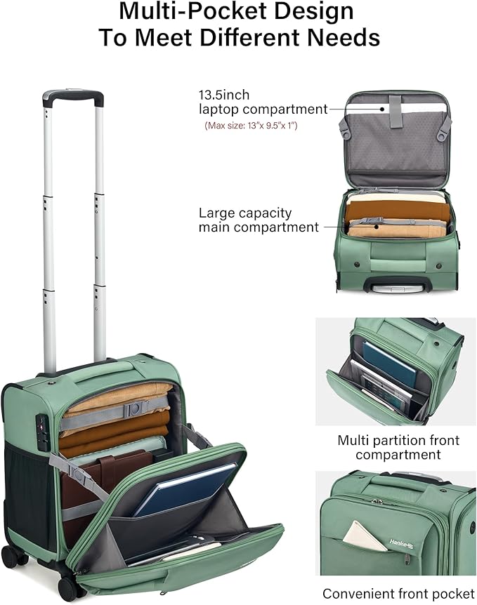 Hanke 16 Inch Underseat Carry On Luggage with Wheels Small Suitcase Softside Luggage Bags for Travel Lightweight Suitcases with Wheels Travel Luggage Personal Item for Men and Women(Forest Green)