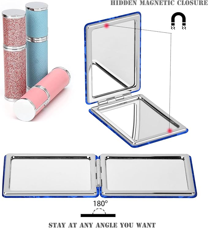 Compact Vanity Mirror for Men Women Girls, Slim Blue Rectangular Travel Makeup Mirror for Handbag Pocket Wallet, Portable Double-Sided Magnifying Cosmetic Mirror for Daily Work Business