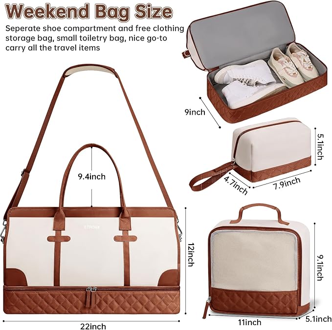 ETRONIK Weekender Overnight Bag for Women, Large Travel Duffle Bag with Shoe Compartment & Wet Pocket, Carry On Tote Bag Gym Duffel Bag with Toiletry Bag for Hospital 4 Pcs Set, XL Size, Beige-Brown