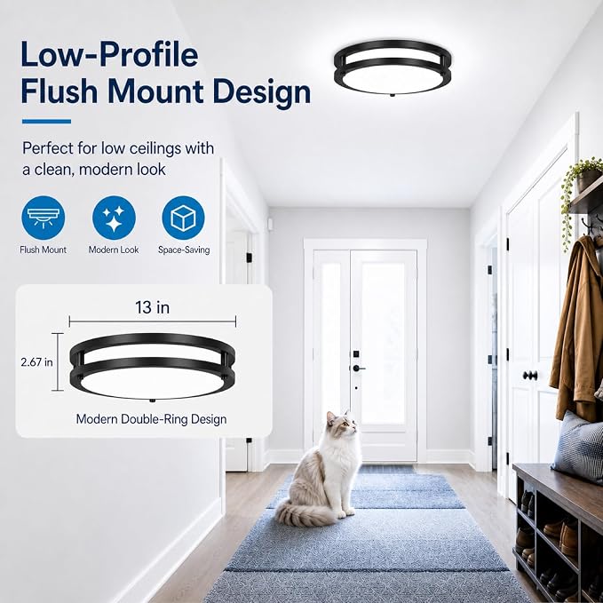 13Inch 36W Modern LED Ceiling Light Fixtures, 1-Pack Black Dimmable Flush Mount Ceiling Lights 3600lm, 2700K/3000K/4000K/5000K/6500K Adjustable Round led Lamps for Bathroom Bedroom Hallway Kitchen