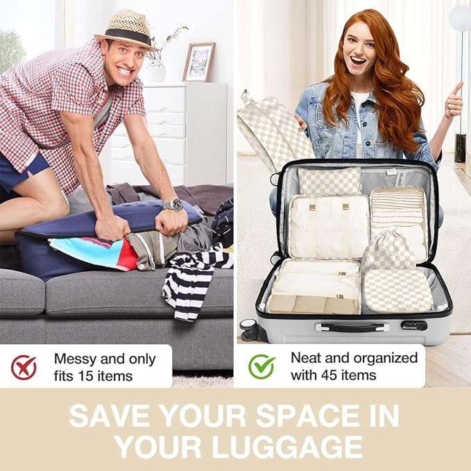 8 Set Packing Cubes for Suitcases,Packing Cube with Shoe, Cosmetics, Clothing, and Accessories Bags Packing Cubes for Travel Luggage Organizer Women Men(Khaki Checkered)