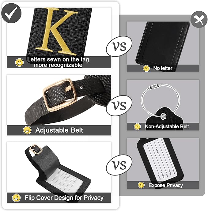 Personalized Initial Luggage Tags for Suitcases, Cute PU Leather Embroidered Letter Travel Luggage Tags, Suitcase Identifier Name Baggage Tag, Bag Tags for Men Women Kids Luggage Handbags(Black K)