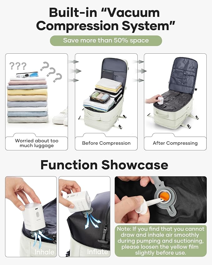 VECAVE Vacuum Backpack Travel with Pump, Expandable Personal Item Carry on Backpacks for Women Men, Laptop Waterproof Work Compression bags with USB Casual Daypack White