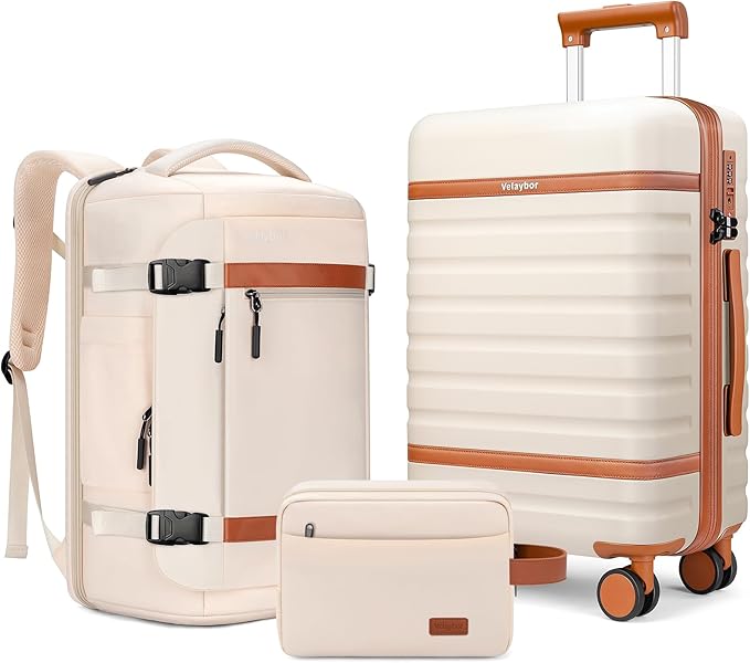 Luggage Sets 3 Piece with Spinner Wheels, Lightweight PC Hardside Suitcase with TSA Lock & YKK Zippers, 20 Inch Carry On Luggage with Travel Bag for Men and Women, Beige