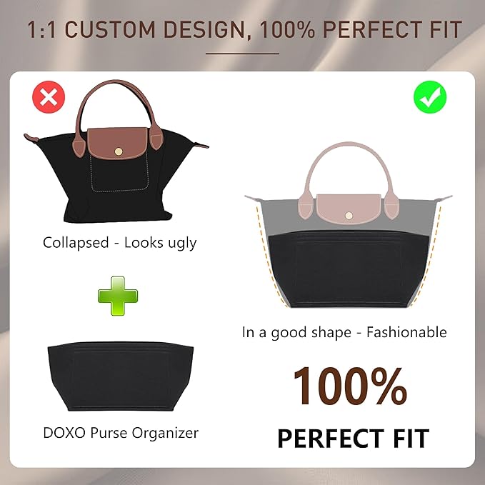 Doxo Longchamp Organizer Insert Medium, Felt Bag Organizer with Cup Holderp,Suitable for Le pliage M Tote Bag and More(Black,M)