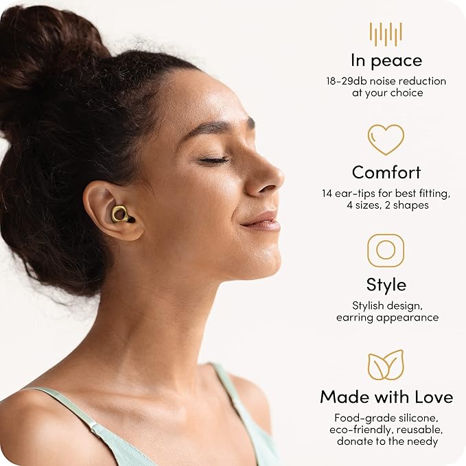 Audree Style Ear Plugs for Noise Reduction, Reusable High Fidelity Earplugs for Concerts, Musicians, Motorcycles, Study, Parent, Party, Flights & Noise Sensitivity, 18-29dB Noise Cancelling, Gold