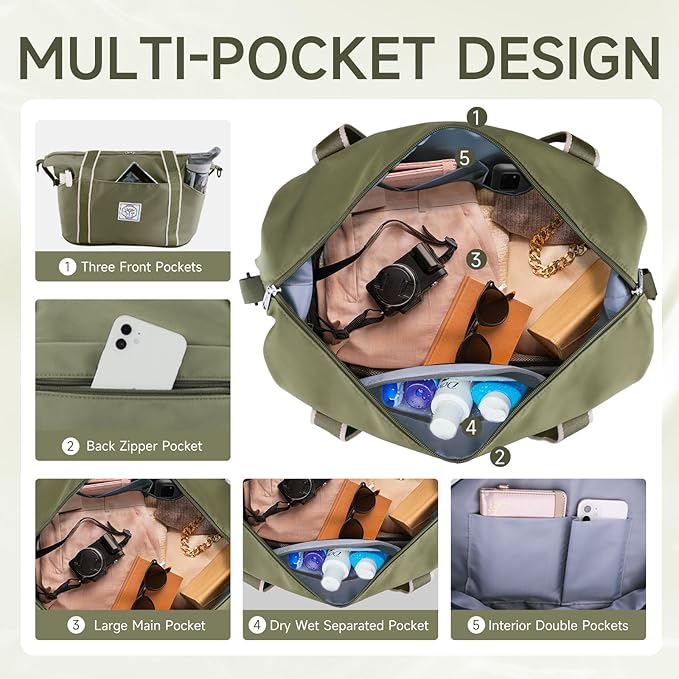 WALNEW Travel Duffel Bag, Weekender Overnight Carry On Bag for Women Men, Foldable Waterproof Gym Luggage Duffle Bag with Metal Buckle Detachable Shoulder Strap and Wet Compartment (Army Green)