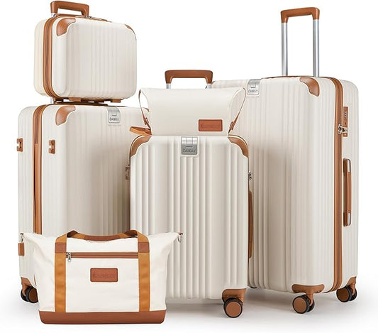 Luggage Set 6 Piece with Cup Holder,Hardshell TSA Lock Spinner Wheels Carry on Lightweight Suitcase，Hook and YKK Zippers for Valentine Gifts(Beige, 6 piece sets（14/20/24/28/DB/TB）)