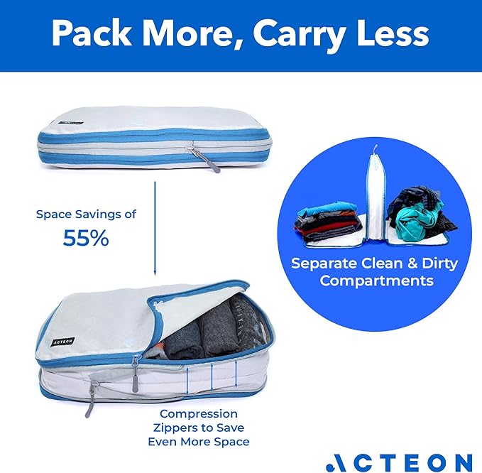 Acteon Compression Packing Cubes - 2 Pack Clean Dirty Separate Zipper - Lightweight Travel Packing Cubes for Luggage - Suitcase Organizer Travel Cubes - Large Small Laundry for Clothes Shoes Makeup