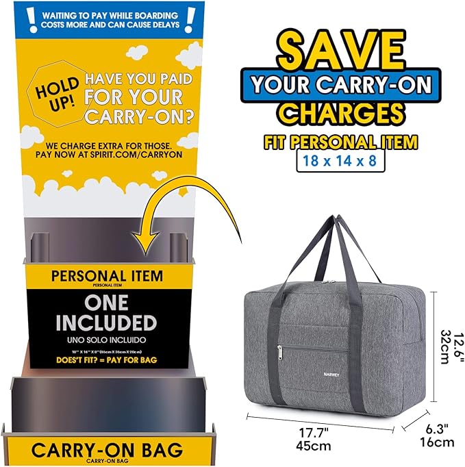 For Spirit Airlines Personal Item Bag 18x14x8 Foldable Travel Duffel Bag Tote Carry on Luggage Duffle Overnight for Women and Men