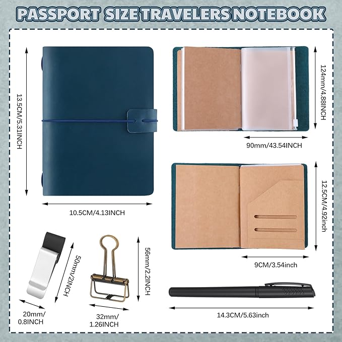 Thenshop Travelers Refillable Leather Journal Notebook Travel Diary Handmade Passport Travelers Journal for Men and Women with 3 Notebook Inserts, Pen Holder, Binder Clip(Blue,Passport Size)