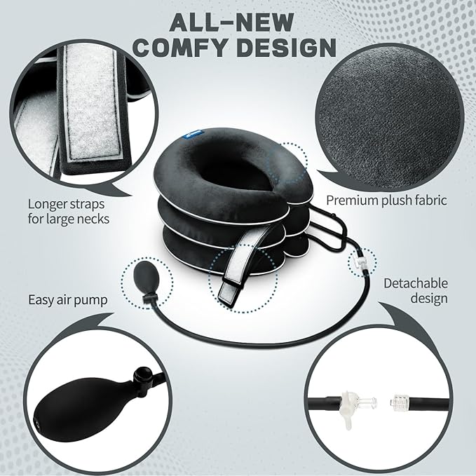 Cervical Neck Traction Device for Neck Pain Relief - Inflatable Neck Stretcher Collar for Decompression - Best Home Use Neck Brace Pump (Black Plush)