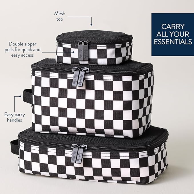 Itzy Ritzy Packing Cubes for Travel – Set of 3 Packing Cubes or Travel Organizers - Each Cube Features a Mesh Top, Double Zippers and a Fabric Handle (Black & White Checkerboard)
