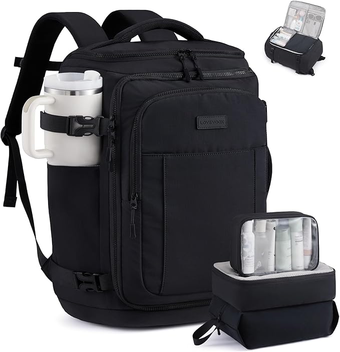 LOVEVOOK Travel Backpack for Women & Men, 40L TSA Approved Carry On Backpack with 3 Packing Cubes, Waterproof Weekender Overnight Bag for 2-4 Day Trips, Business & Travel Essentials, Black
