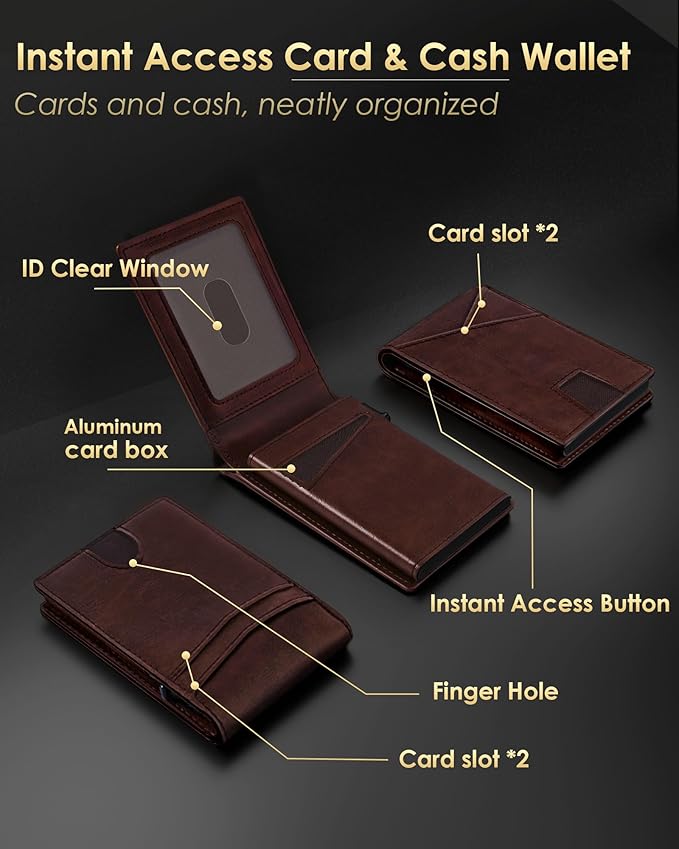 QLD Wallet for Men - RFID Blocking [Functional & Practical] Bifold Slim Minimalist Credit Card Holder Pop Up Metal Case with Cash Slot, Front Pocket with ID Window, Gift Boxed