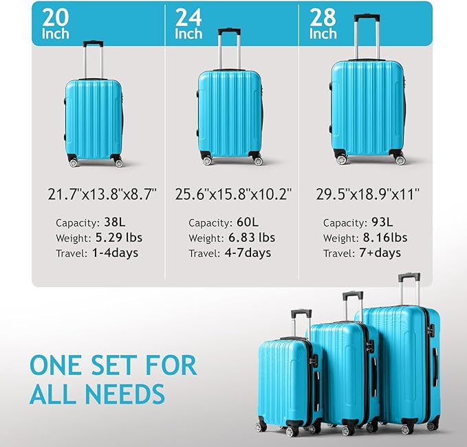 Karl home Luggage Set of 3 Hardside Carry on Suitcase Sets with Spinner Wheels & TSA lock, Portable Lightweight ABS Luggages for Travel, Business - Blue (20/24/28)