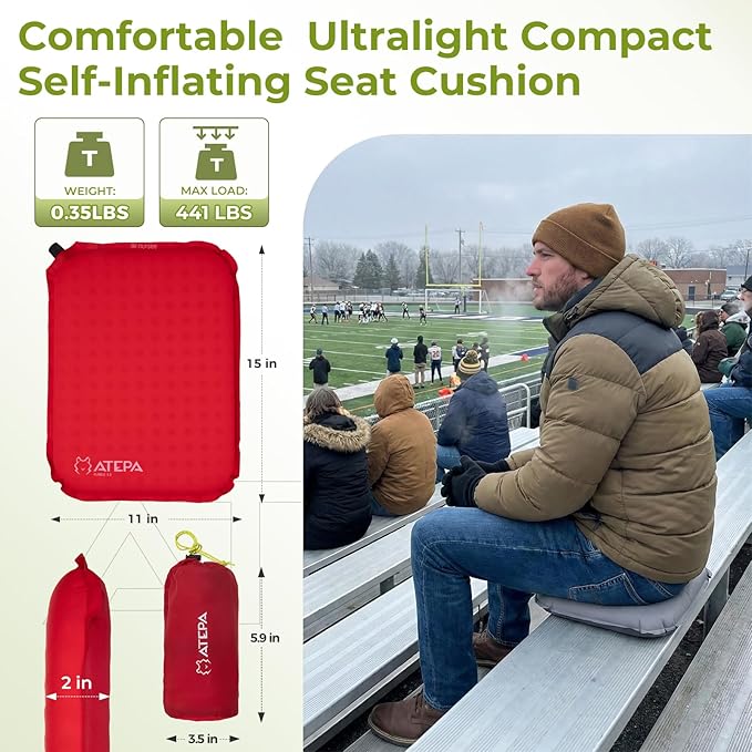 ATEPA Inflatable Seat Cushion, Self-Inflating Portable Stadium Airplane Travel Foam Cushion Pad for Camping, Sports Events, Outdoor