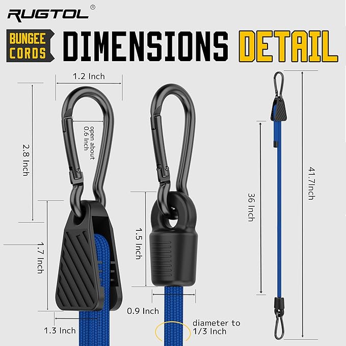 Bungee Cords with Hooks, 36 Inch Blue Adjustable Bungee Cords with Carabiner Heavy Duty Outdoor, Super Elastic Easy to Adjust Bungee Rope UV Resistant for Tarp, Bike Rack, Garden, Moving, 6 Pack