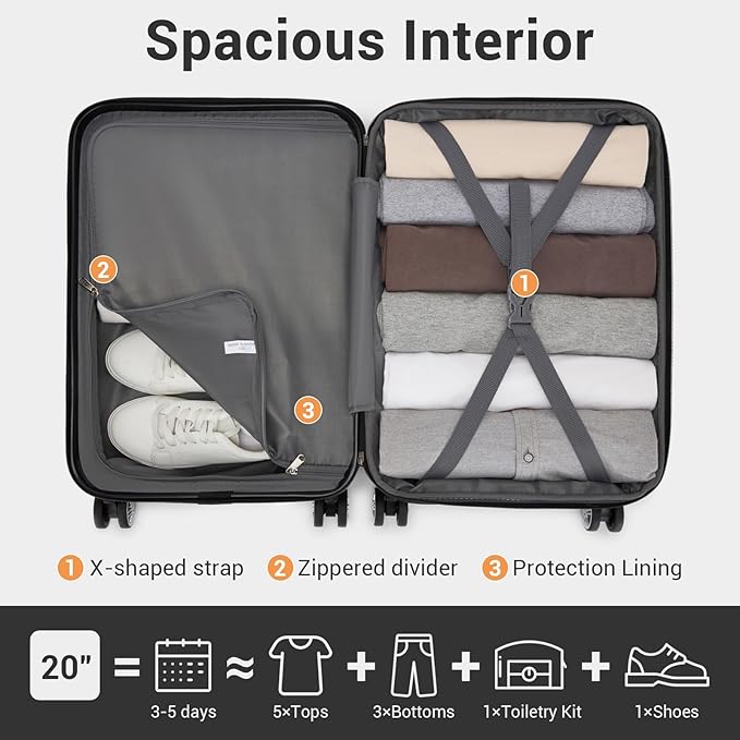 Kono Carry On Luggage 22x14x9 Airline Approved with Spinner Wheels,Lightweight PC+ABS 20 Inch Luggage with TSA Lock,Expandable Hard Shell Carry On Suitcases for Men Women,Grey