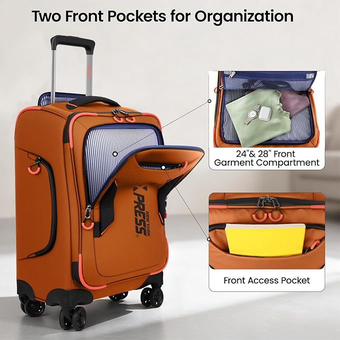 2-Piece Set（22in/30in） Front Opening,Softside Luggage Sets w/Double Spinner Wheels Suitcase,Waterproof,Lightweight Travel Luggage Rolling Suitcase（Orange,22in/30in）