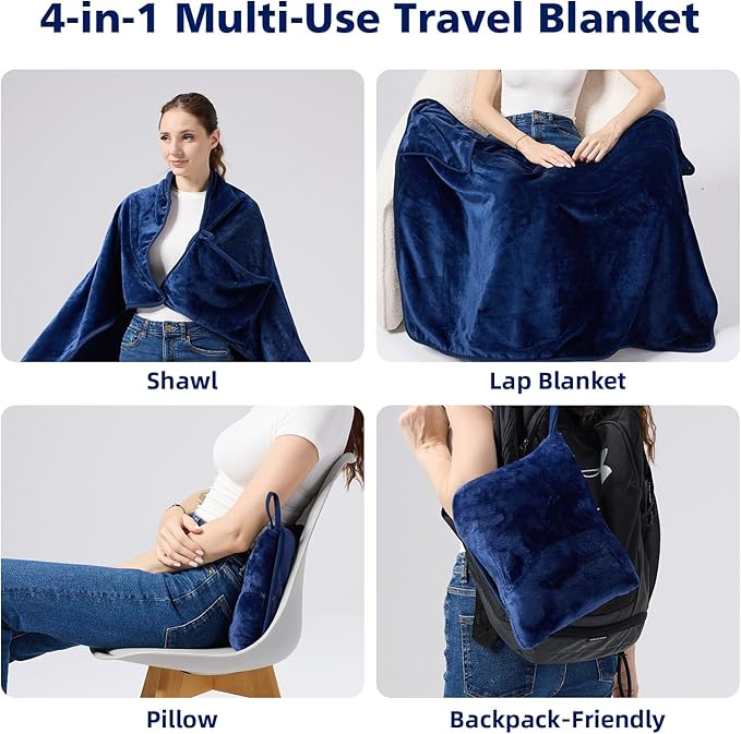 Travel Blanket with Carry Bag, Lightweight Wearable Airplane Blanket, Soft Packable Throw for Travel & Office Navy Blue