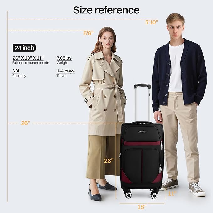 24'' Softside Expandable 15% Rolling Luggage with Double Spinner Wheels & w/LOCK,Lightweight Travel Luggage for Men Women（Black-Burgundy,24in）