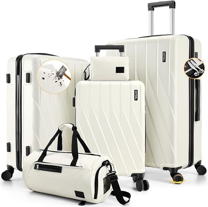 Hoteel Luggage Sets 5 Piece PC Hardside, 4-Year Warranty, Luggage Set with Spinner Wheels, TSA Lock, YKK Zipper, Lightweight Carry on Luggage, 20"/24"/28" Suitcase with Duffel & Organizer, Beige