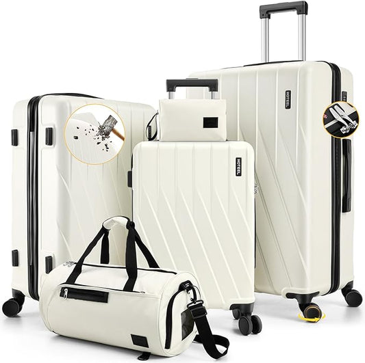 Hoteel Luggage Sets 5 Piece PC Hardside, 4-Year Warranty, Luggage Set with Spinner Wheels, TSA Lock, YKK Zipper, Lightweight Carry on Luggage, 20"/24"/28" Suitcase with Duffel & Organizer, Beige