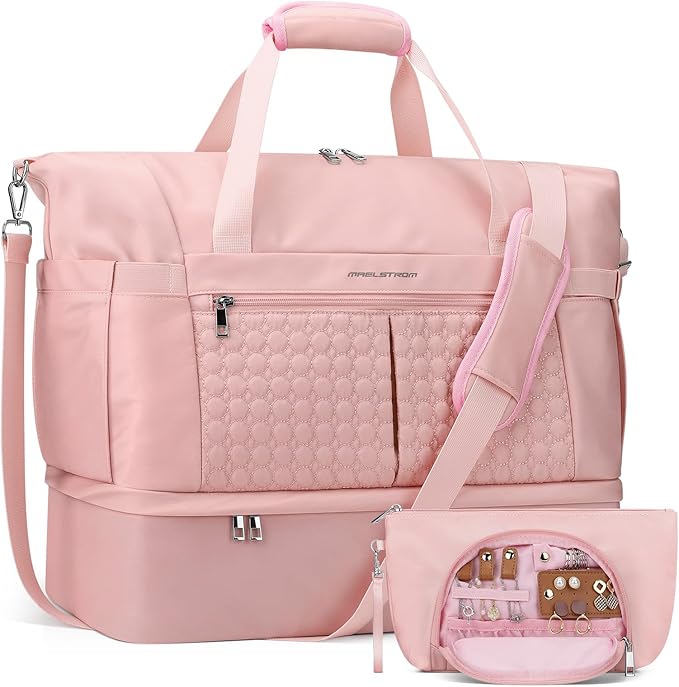Maelstrom Gym Bag for Women,40L Travel Duffel Bag with Shoes Compartment and Wet Pocket,Waterproof Carry On Weekender Bag,Sport Gym Tote Bags Swimming Yoga, Hospital Holdalls（Pink)