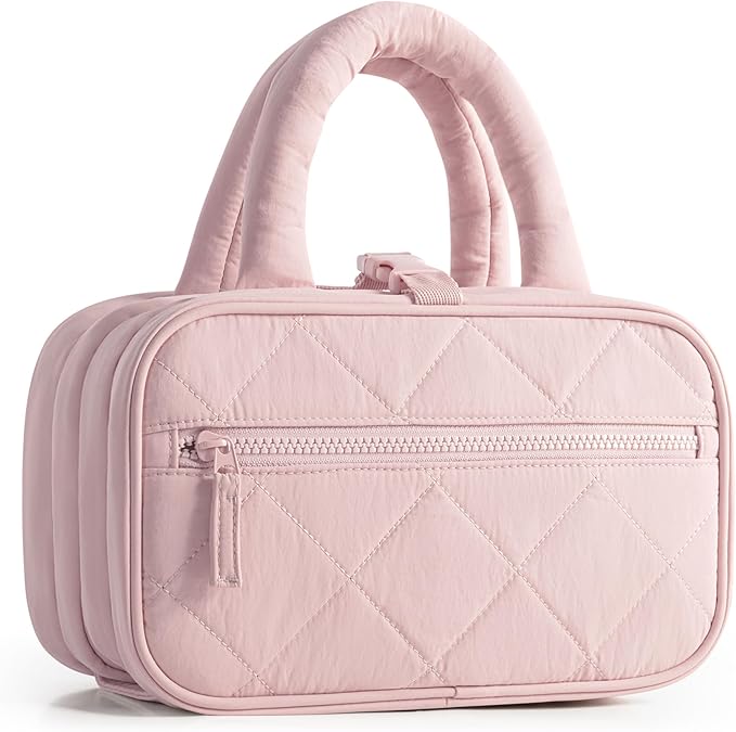 Travel Toiletry Bag for Women with Hanging Hook, Puffy Makeup Organizer with Brushes Slots for Bathroom, Shower and Beauty Essentials, Pink