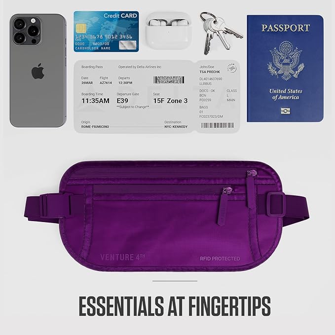 VENTURE 4TH Money Belt for Travel – Hidden Under-Clothes RFID Blocking Passport Holder & Slim Travel Wallet Pouch for Men & Women to Protect Cash, Cards & Documents (Sleek Purple)