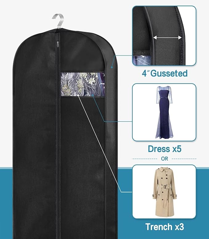 KIMBORA 65" Dress Garment Bags for Hanging Clothes Travel, Gusseted Garment Bags for Closet Storage with Handles for Long Gowns, Coats（3 Packs）