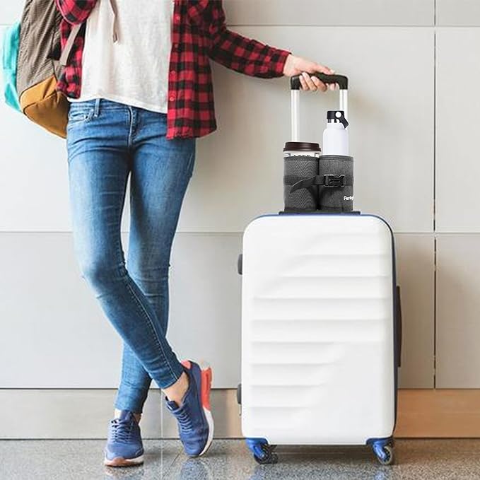 Perilogics Luggage Travel Cup Holder Hands Free Drink Caddy for Suitcase Handle. Perfect Airplane Travel Essential Accessory Gift for Frequent Traveler, Flight Attendant or with Children (Dark Gray)