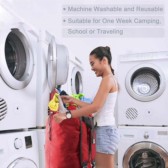 BeeGreen Laundry-Bag-Backpack-Extra-Large, Red Nylon Drawstring Portable Laundry Backpack Tall Foldable Heavy Duty Dirty Clothes Travel Bag with Handle College Dorm Apartment Essentials