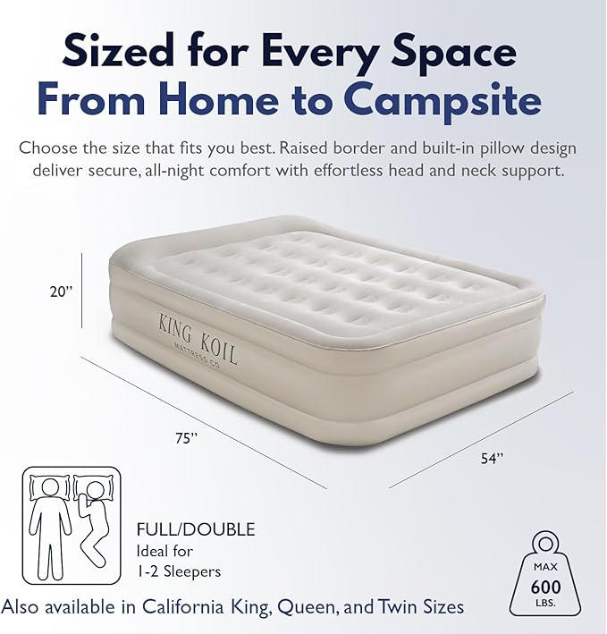 King Koil Luxury Air Mattress 20in Full Size Beige with Built-in Pump for Home, Camping & Guests-Inflatable Airbed Luxury Double High Adjustable Blow Up Mattress, Durable - Portable and Waterproof