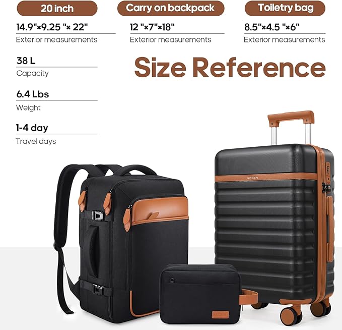 UKEIN Luggage Sets 3 Piece, Carry On Luggage 20In With Spinner Wheels,PC Hardside Suitcase Set with TSA Lock,Durable Carry On Suitcase With Travel Backpack for Men (Black, 3 piece set (20inch))