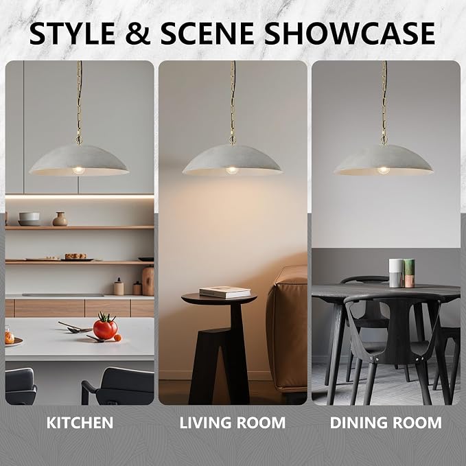 20" Kitchen Pendant Lighting Over Island, Cement Gray Modern Large Pendant Light, Adjustable Hanging Ceiling Light for Kitchen Living Room Dining Room Bedroom Café
