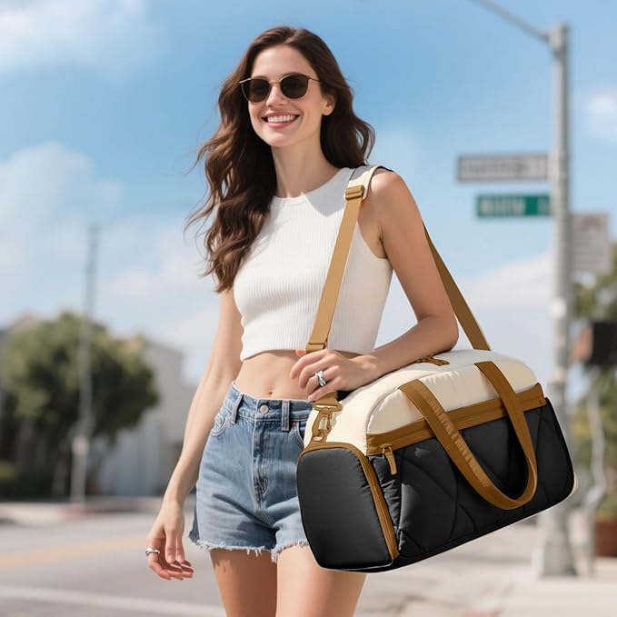 Gym Bag for Women, Puffer Travel Duffle Bag With Shoes Compartment & Wet Pocket, Carry On Tote Bag For Weekender, Overnight, Sport duffel bags for traveling (Beige & Brown, Medium)