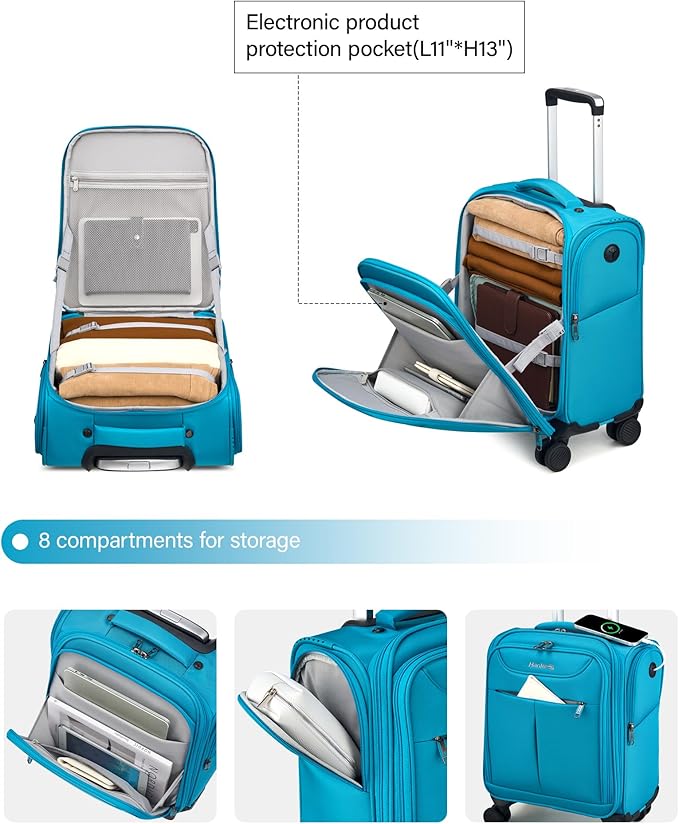 Hanke Underseat Carry On Luggage with Wheels, Lightweight Small Suitcase Airline Approved 16 Inch Softside Personal Item Travel Bag for Women Men, Compact Under Seat Luggage.(Caribbean Blue)