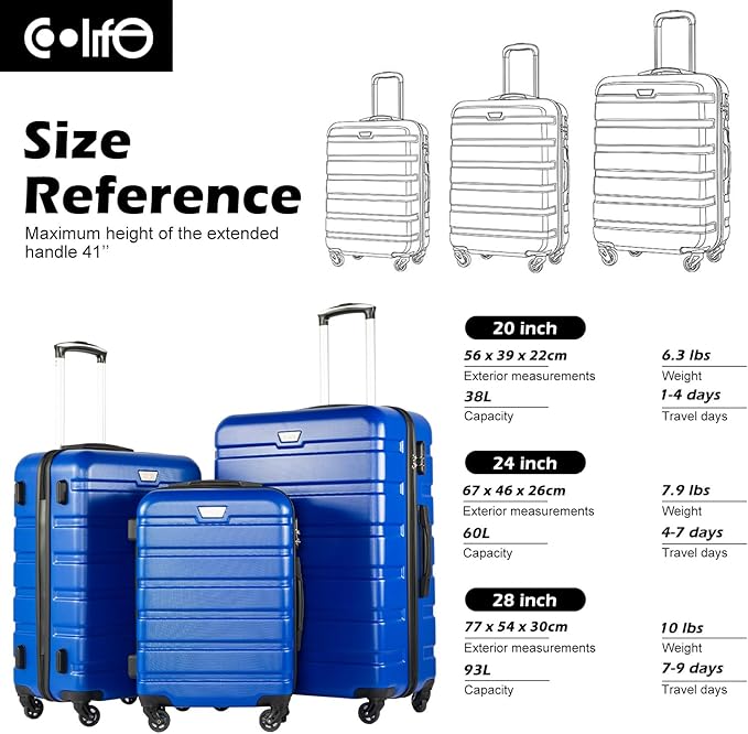Coolife 3-Piece Lightweight Hardside Spinner Luggage Set with TSA Lock